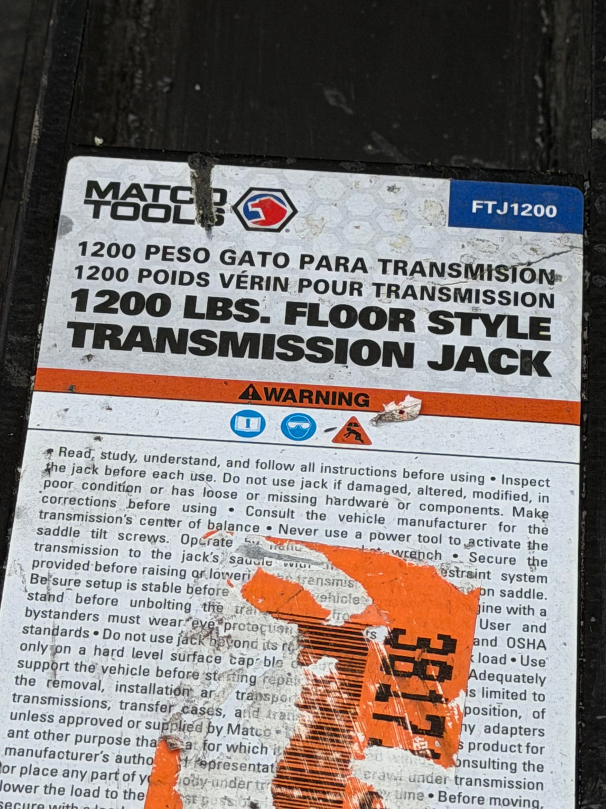 MATCO TOOLS 1200LBS FLOOR STYLE TRANSMISSION JACK FTJ1200
