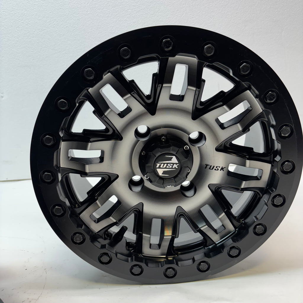 2 TUSK TETON BEADLOCK ATV UTV GUN METAL/BLACK WHEELS 14X7 4/114.3 ET+30