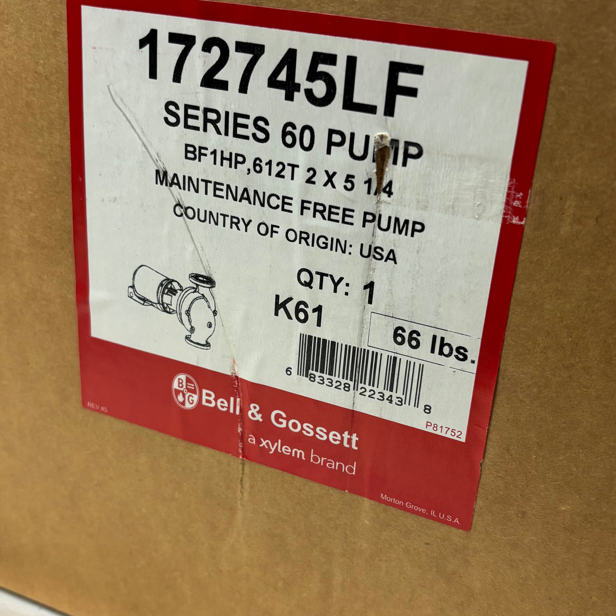 BELL AND GOSSETT MAINTENANCE FREE PUMP 612T SERIES 60 PUMP 1 HP MOTOR 172745LF
