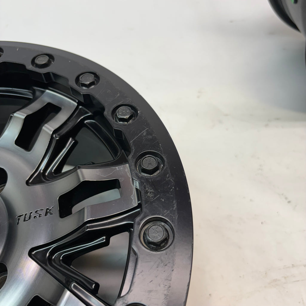 2 TUSK TETON BEADLOCK ATV UTV GUN METAL/BLACK WHEELS 14X7 4/114.3 ET+30