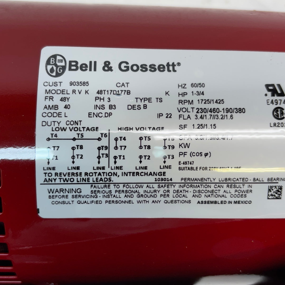 BELL AND GOSSETT MAINTENANCE FREE PUMP 612T SERIES 60 PUMP 1 HP MOTOR 172745LF