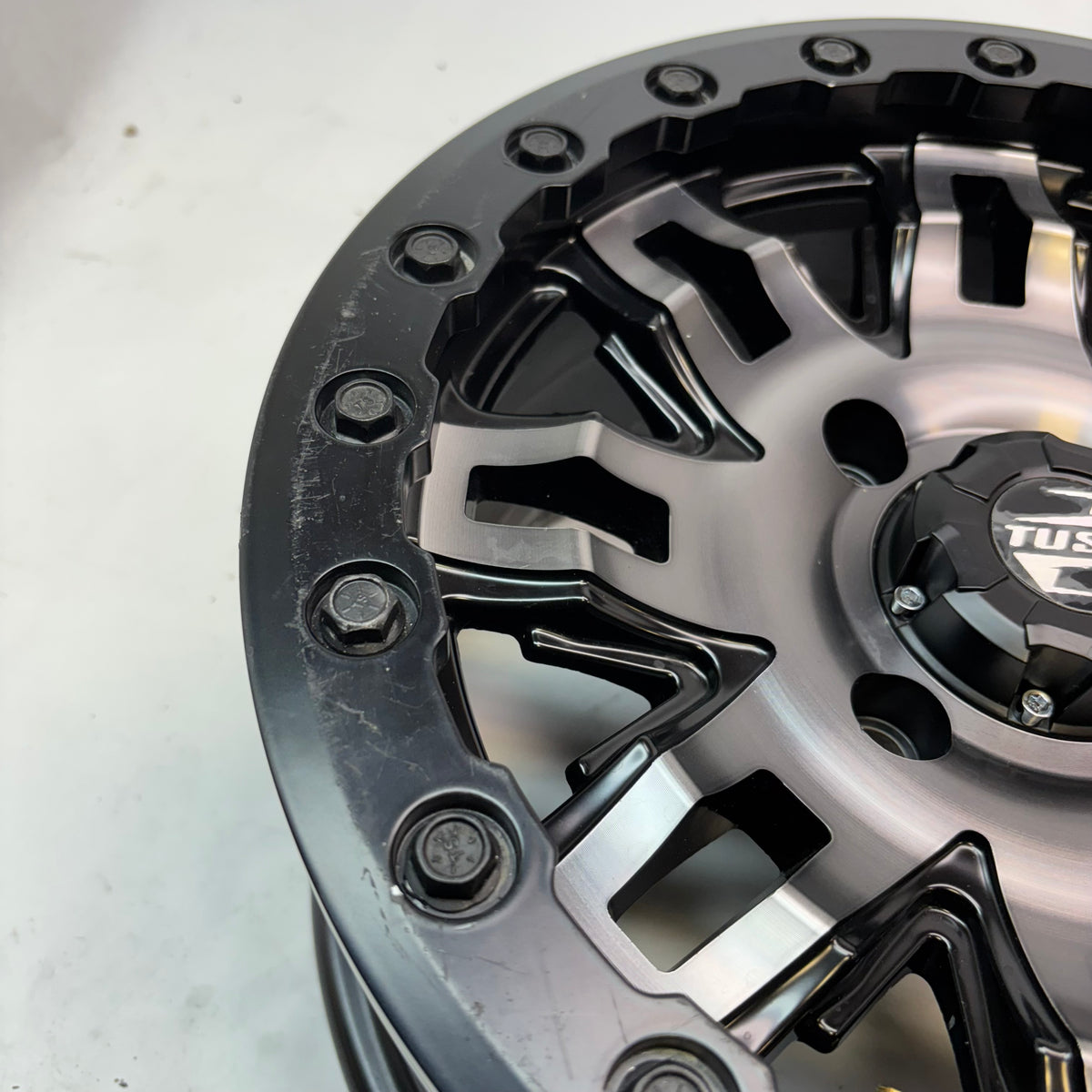 2 TUSK TETON BEADLOCK ATV UTV GUN METAL/BLACK WHEELS 14X7 4/114.3 ET+30