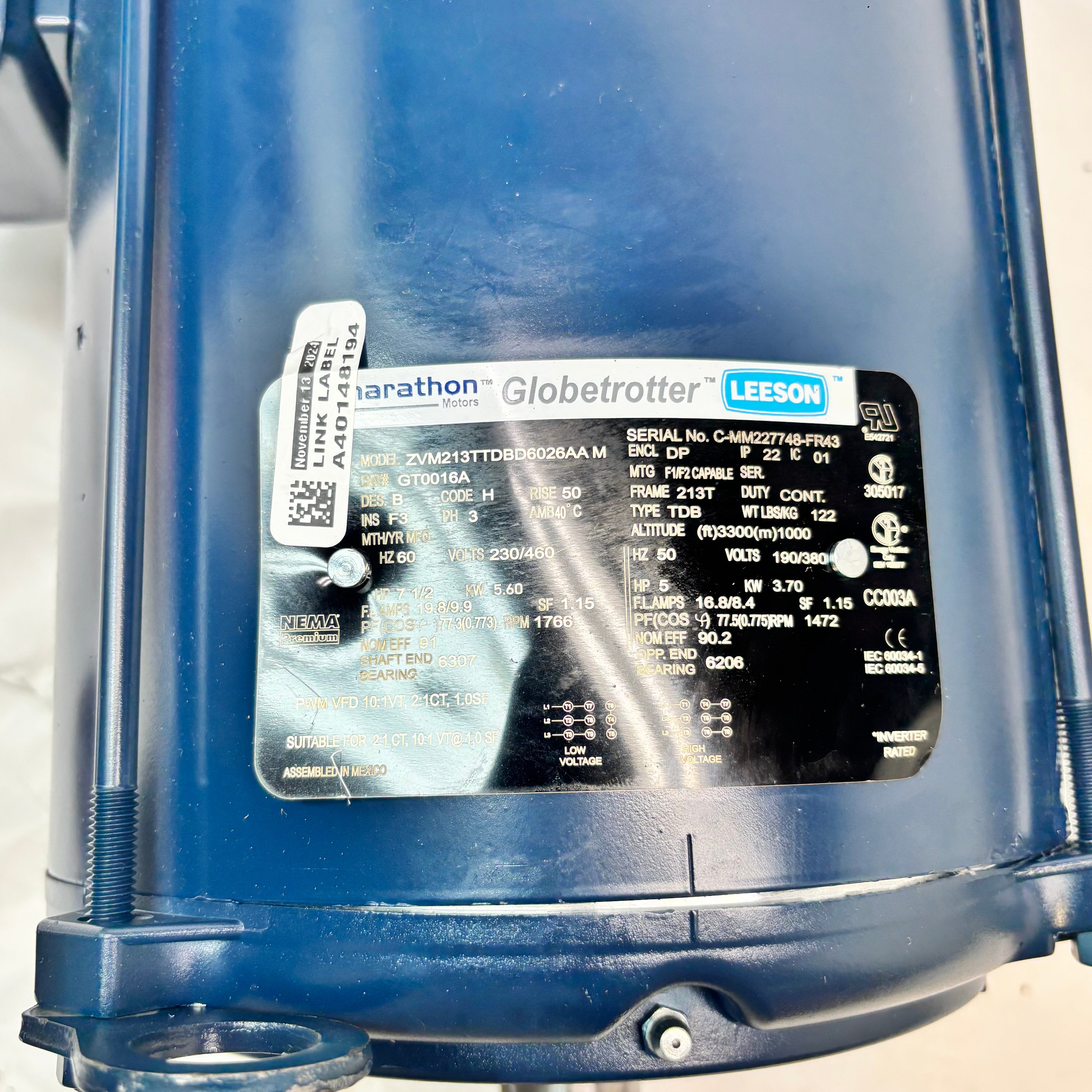 (DAMAGED) MARATHON 7.5 HP 1800 RPM 230/460V 3PH OPEND DRIP ELECTRIC MOTOR GT0016A