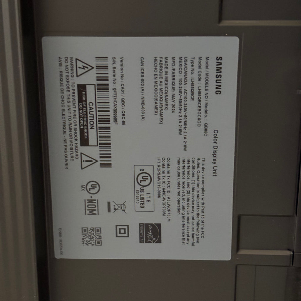 SAMSUNG QB85C QBC SERIES 85" UHD 4K HDR COMMERCIAL MONITOR (KSL ONLY