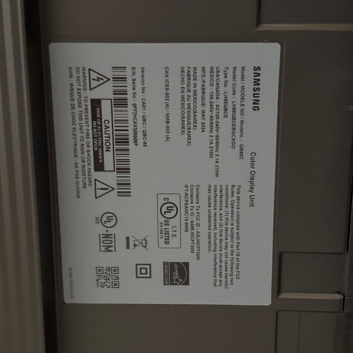 SAMSUNG QB85C QBC SERIES 85" UHD 4K HDR COMMERCIAL MONITOR (KSL ONLY