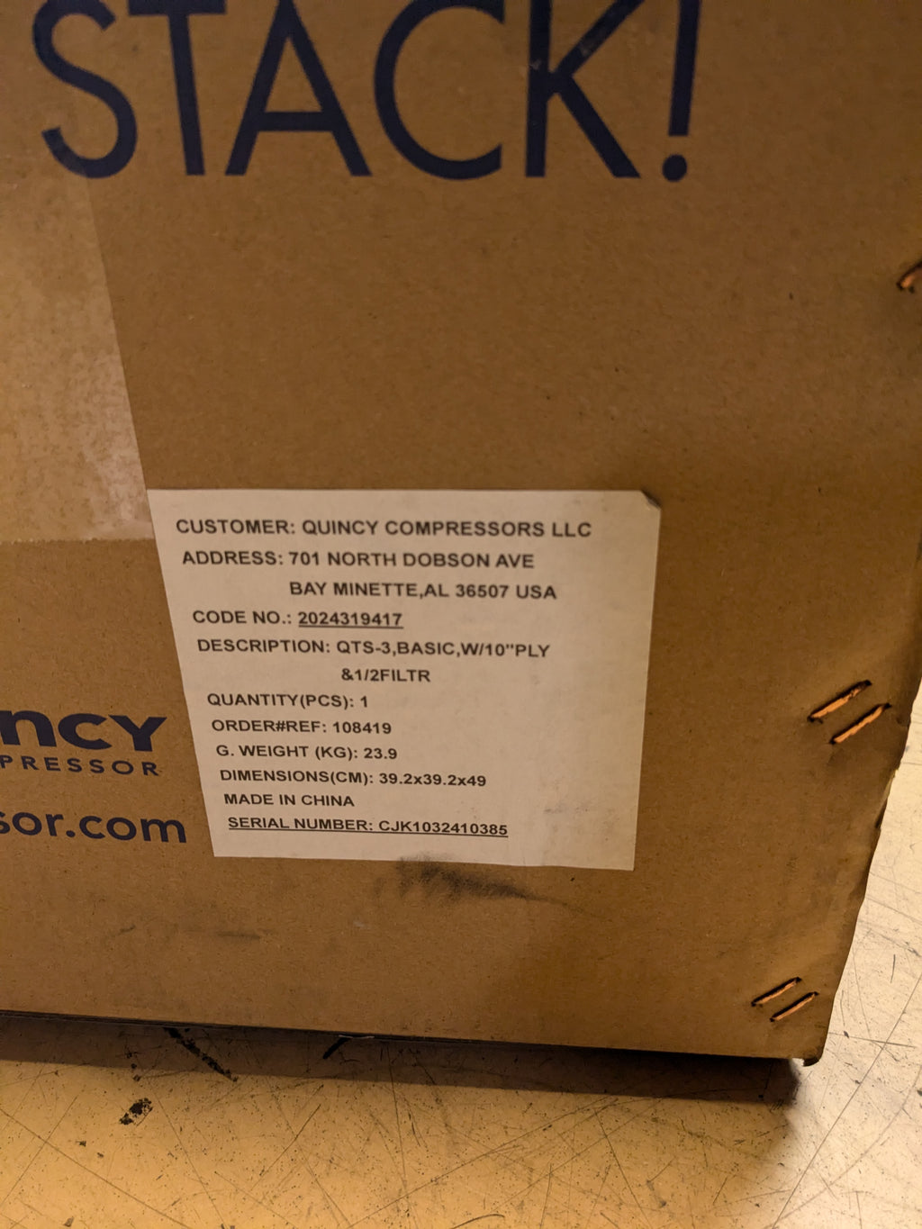Quincy Compressor QTS-3 Series Basic W/10"PLY & 1/2 Filter Piston Air Compressor Pump 2024319417