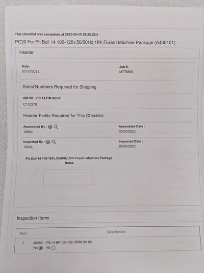 PC20 FOR PITBULL 14 100-120V 50/60HZ 1PH FUSION MACHINE PACKAGE A430101