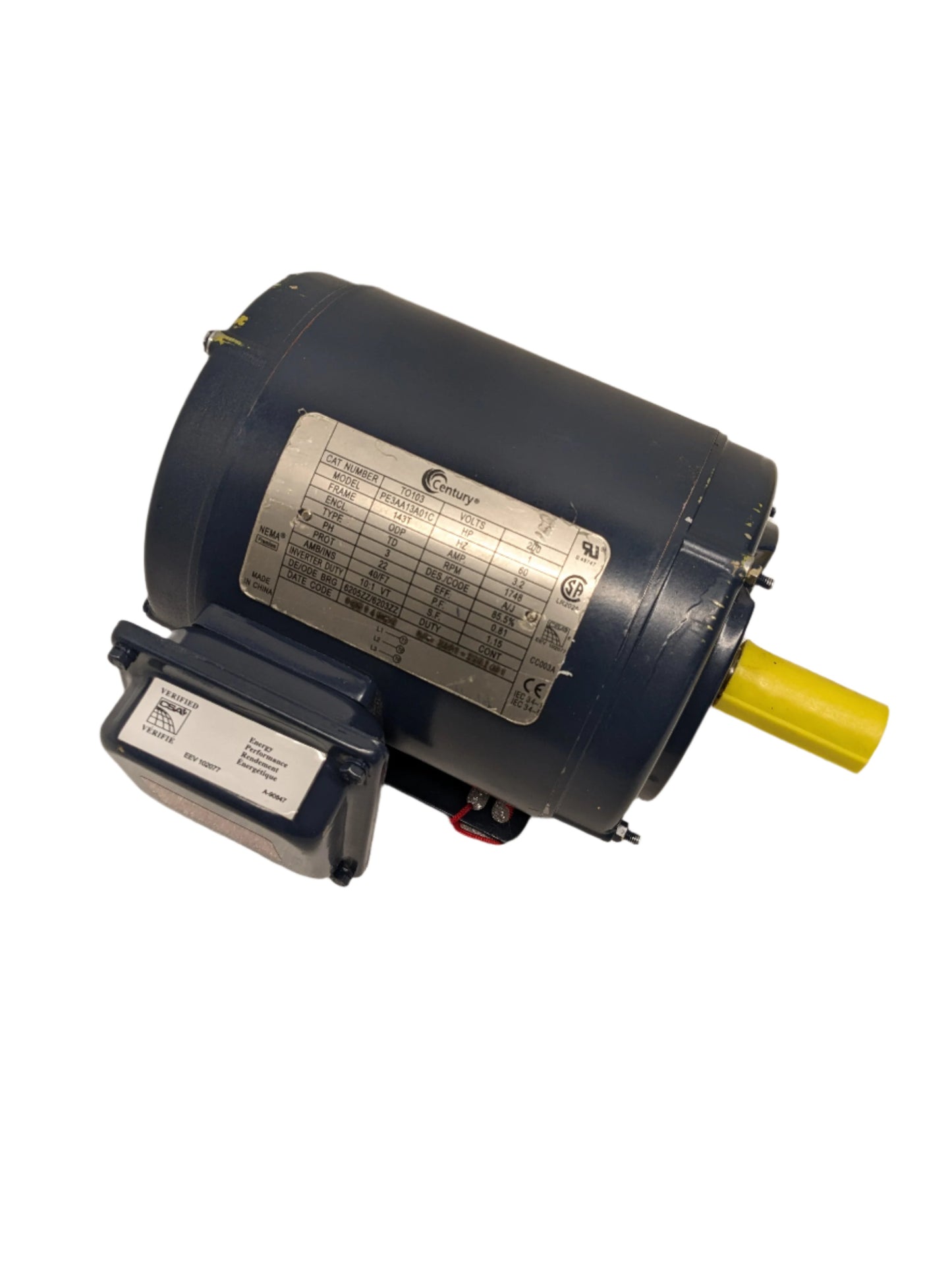 TO103 CENTURY 1 HP 1800 RPM 3-PHASE 143T FRAME ODP RIGID BASE 200V CENTURY MOTOR