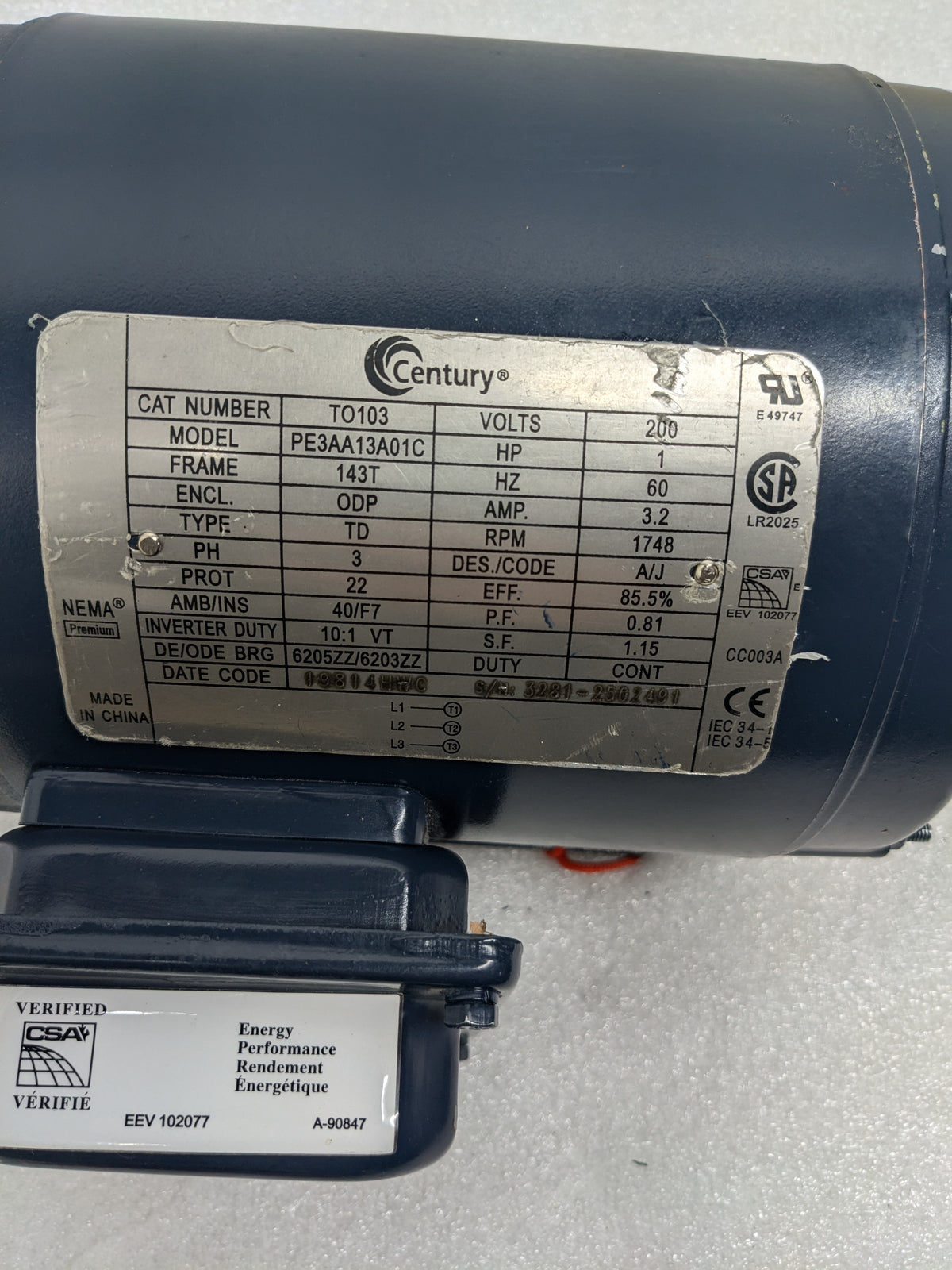 TO103 CENTURY 1 HP 1800 RPM 3-PHASE 143T FRAME ODP RIGID BASE 200V CENTURY MOTOR