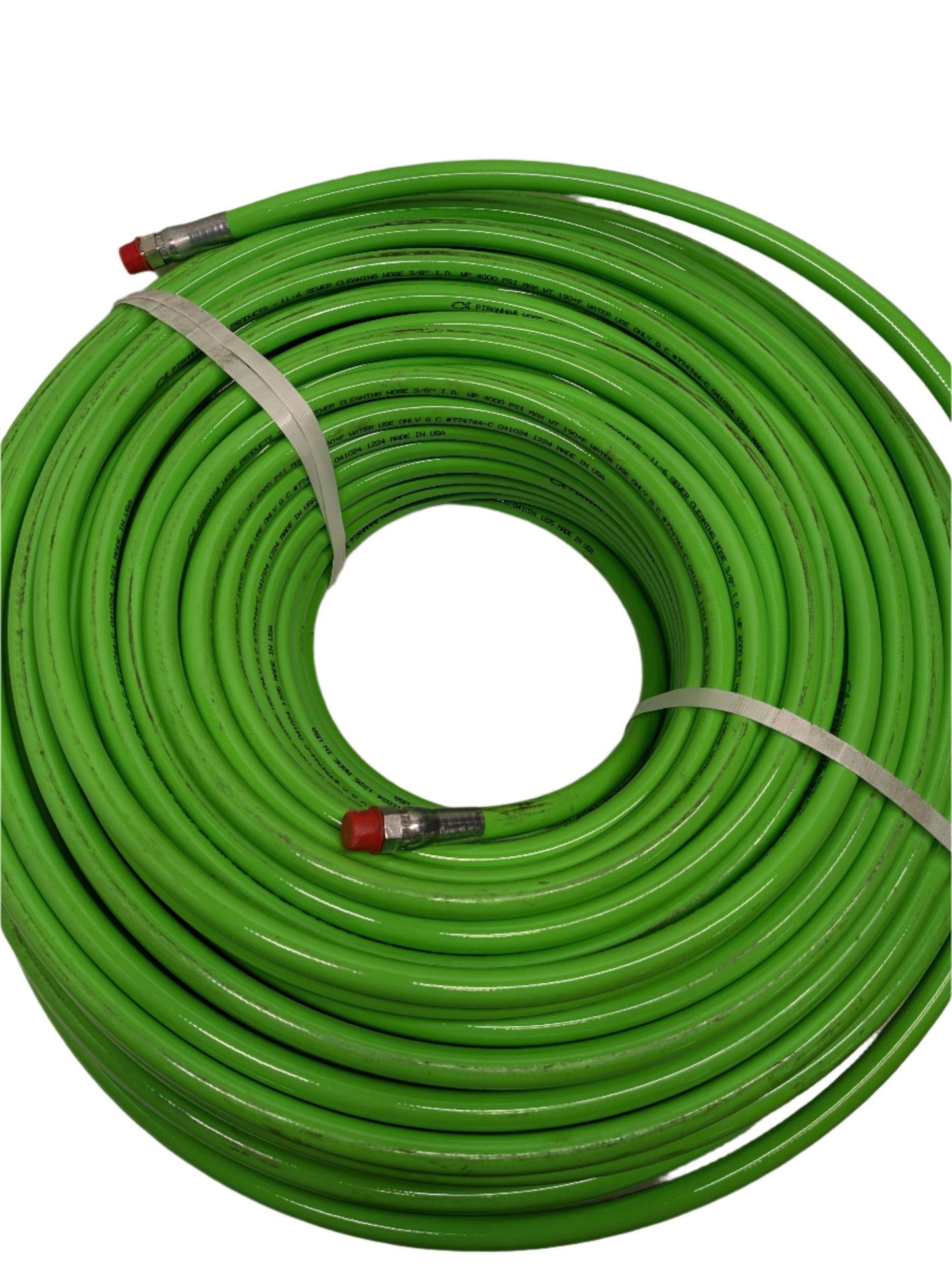 PIRANHA PRODUCTS LL6 SEWER CLEANING HOSE 3/8" I.D. WP 4000 PSI MAX WT 190 DEGREE F WATER USE ONLY Q.C. #774744-C 041024 1225