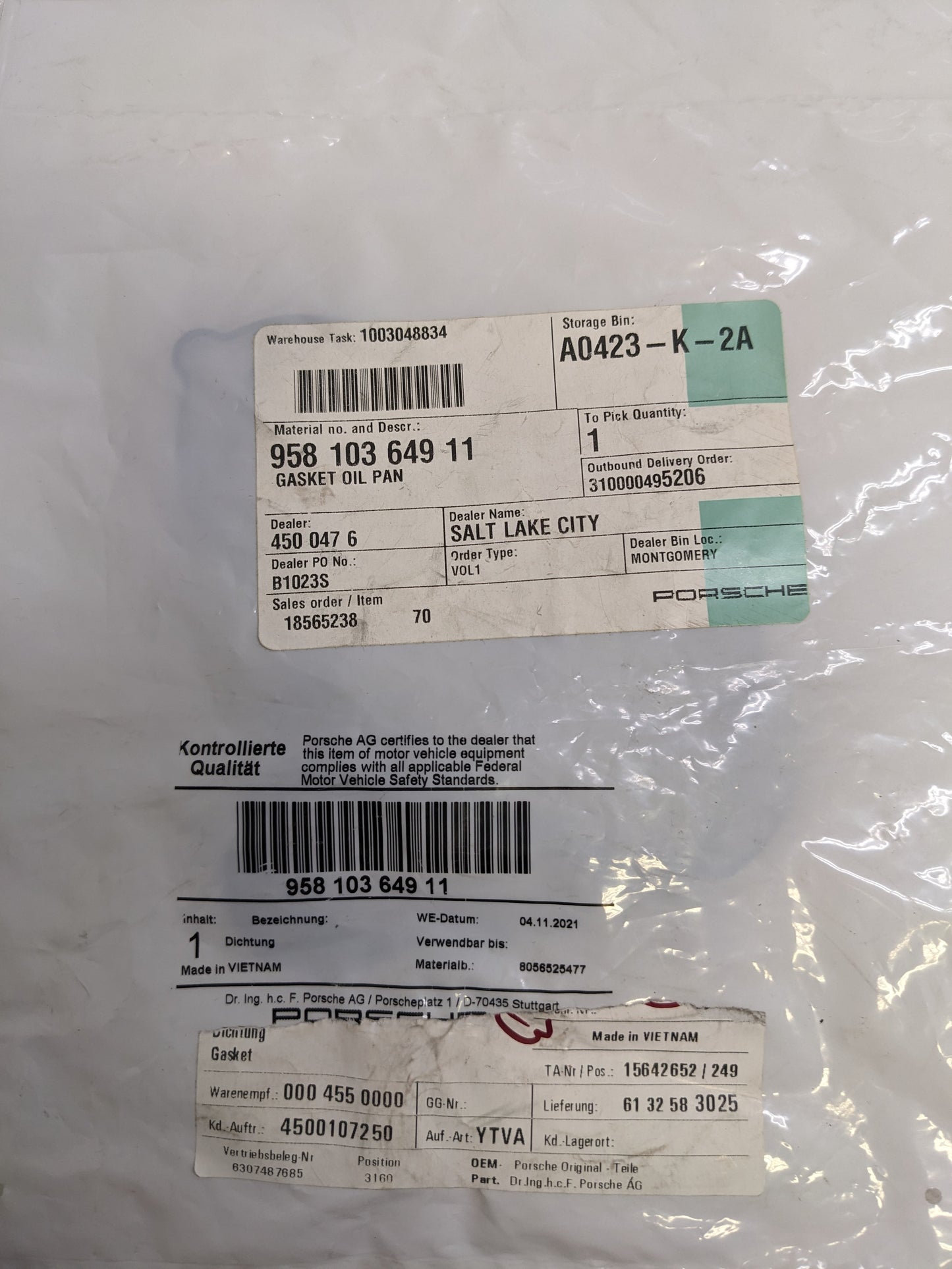 PORSCHE 95810364911 OIL PAN GASKET FOR 2017-2018 MACAN NEW R23T2