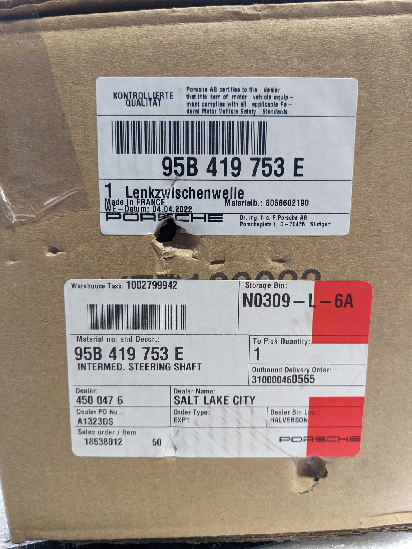 PORSCHE 95B419753E STEERING SHAFT FOR 2016-2018 MACAN NEW R20