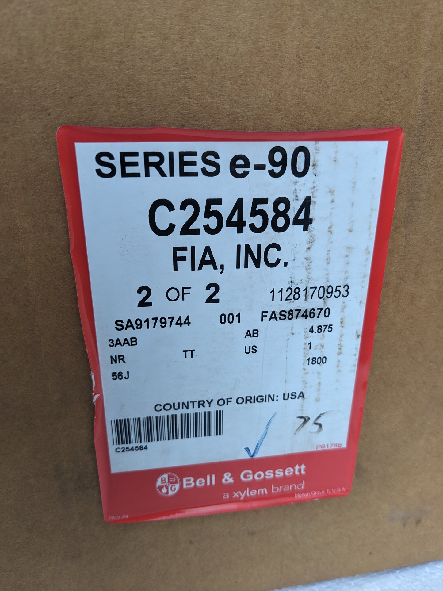 BELL & GOSSETT PUMP E-90 3AAB 4.875AB 1800HP NEW S-343