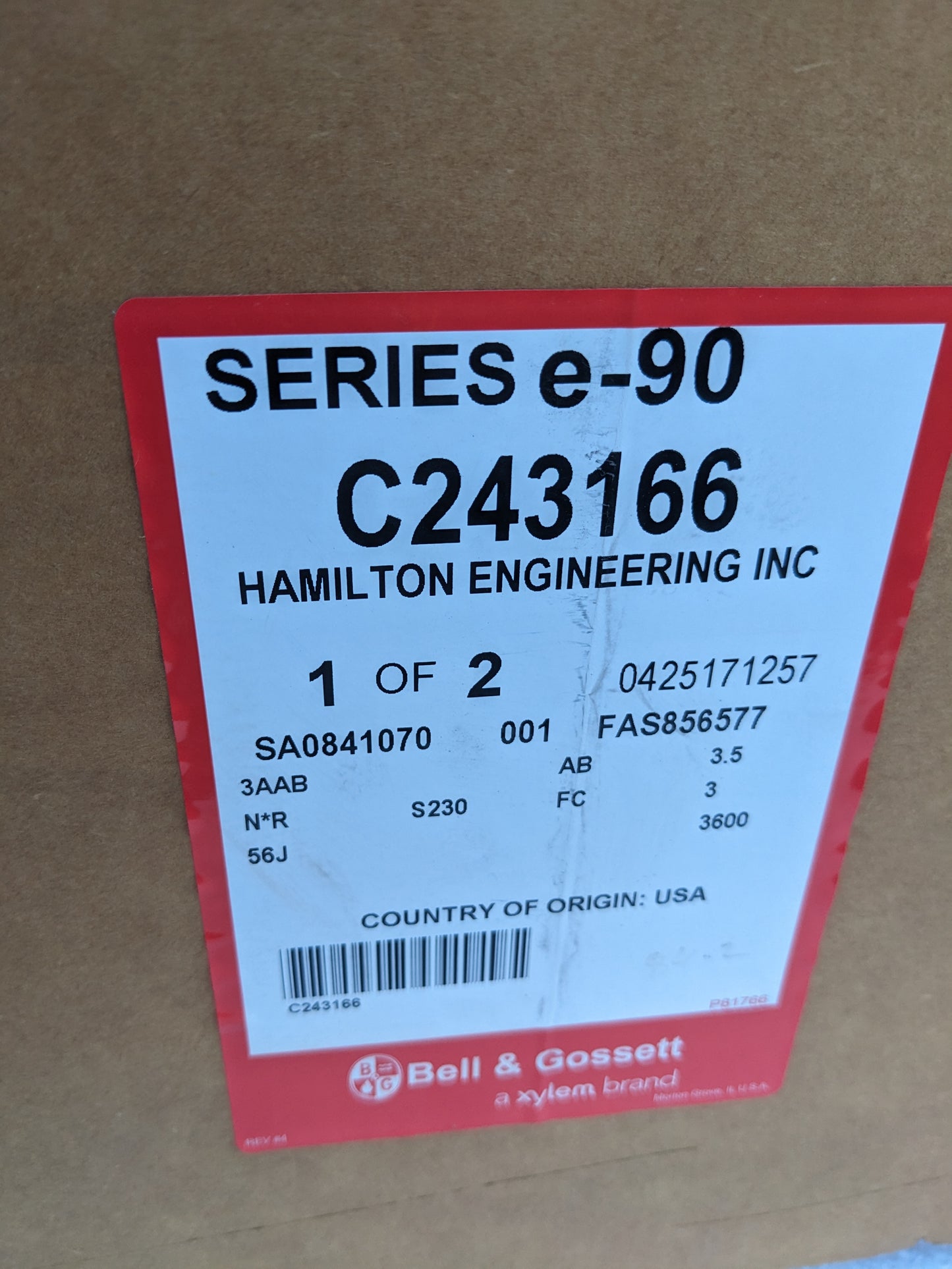 BELL & GOSSETT PUMP E-90 3AAB 3.5 AB 3600 HP 2 NEW S-343