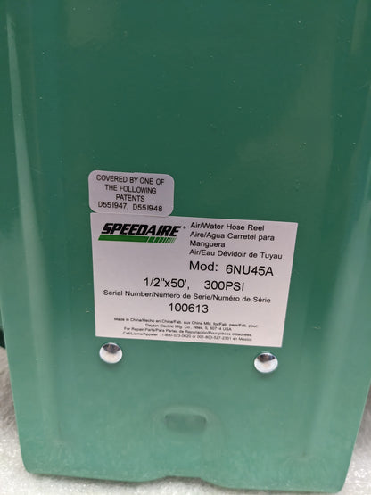 SPEEDAIRE 6NU45A 1/2"X50' SPRING RETURN AIR/WATER HOSE W/ REEL NEW B2