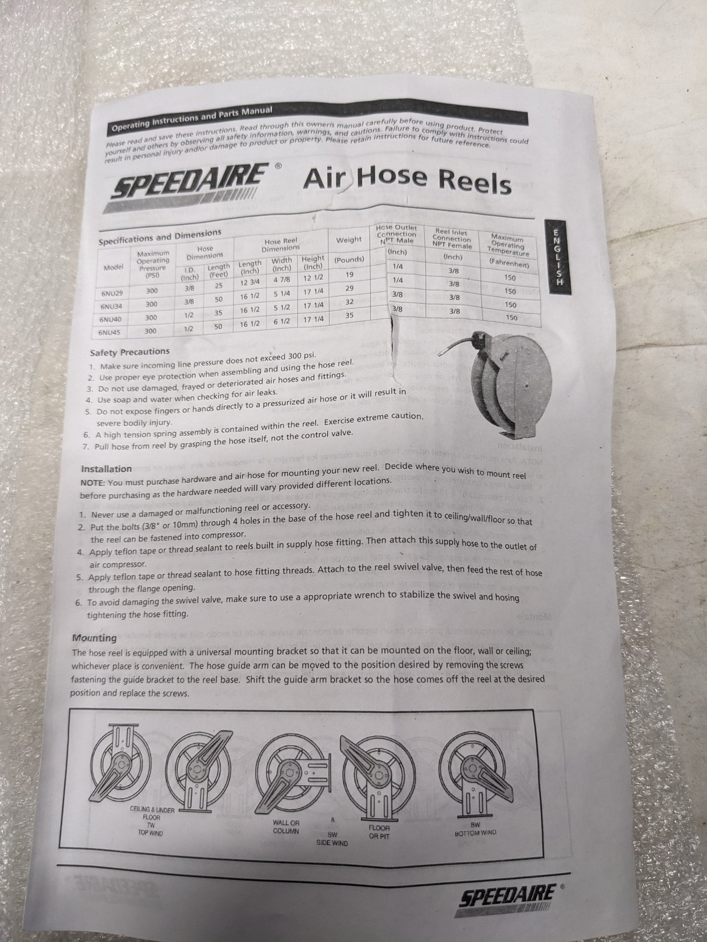 SPEEDAIRE 6NU45A 1/2"X50' SPRING RETURN AIR/WATER HOSE W/ REEL NEW B2