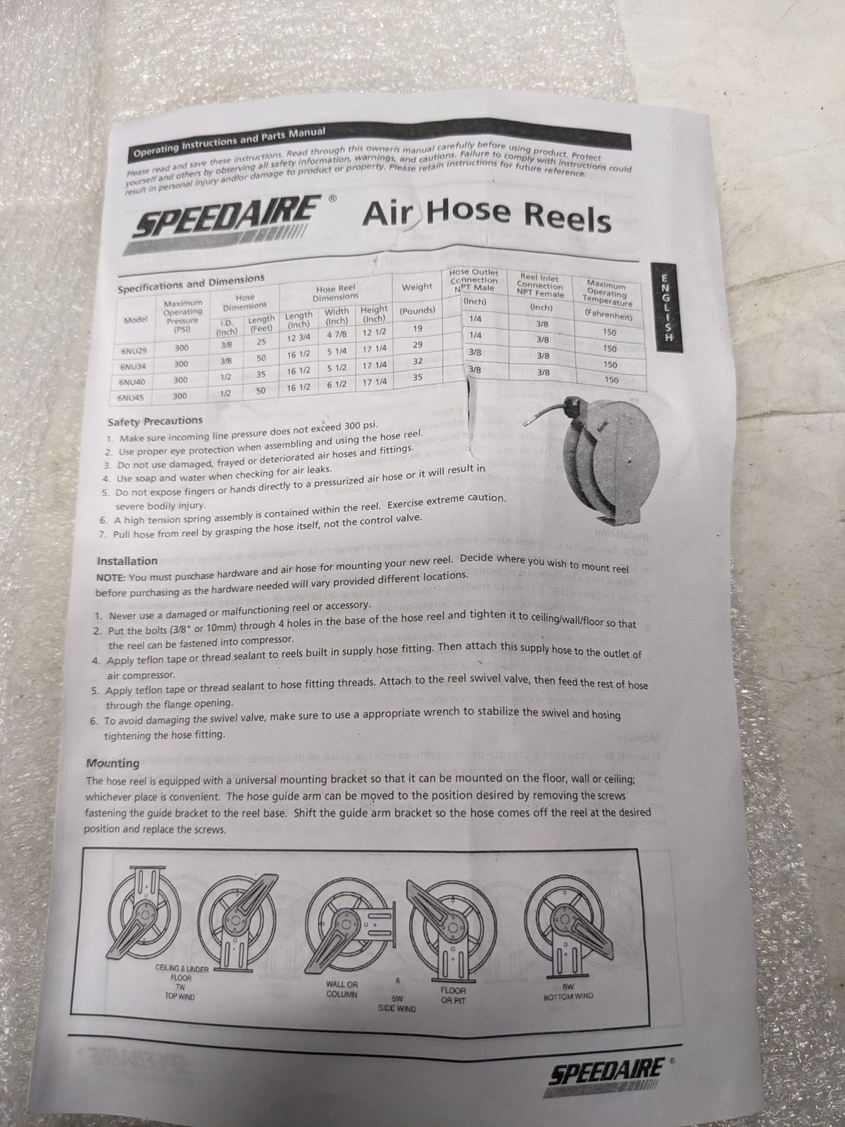 SPEEDAIRE 6NU45A 1/2"X50' SPRING RETURN AIR/WATER HOSE W/ REEL NEW B2