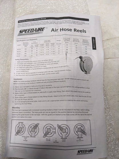 SPEEDAIRE 6NU45A 1/2"X50' SPRING RETURN AIR/WATER HOSE W/ REEL NEW B2