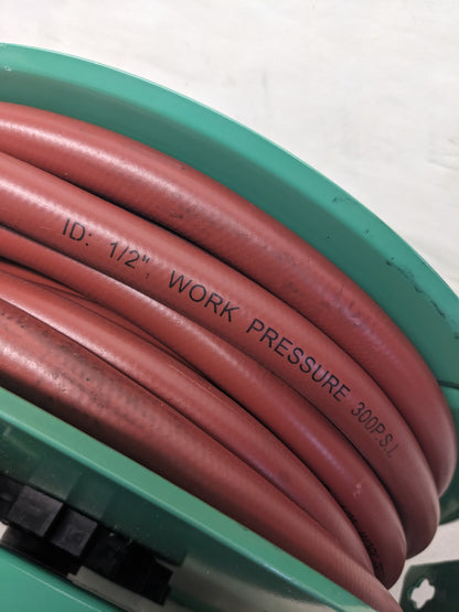 SPEEDAIRE 6NU45A 1/2"X50' SPRING RETURN AIR/WATER HOSE W/ REEL NEW B2