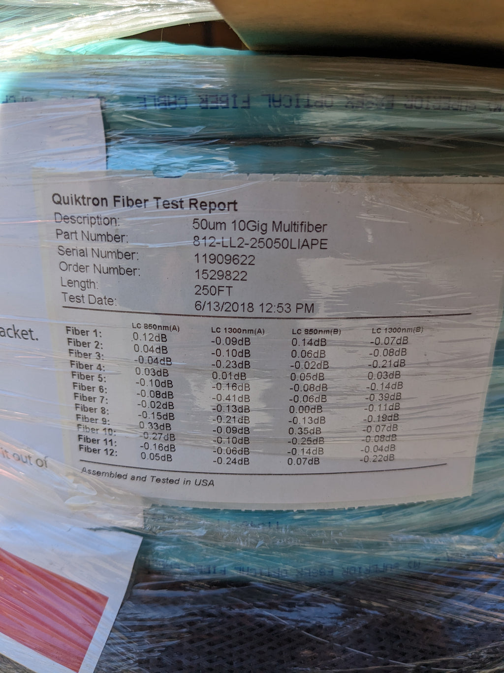 QUIKTRON (LEGRAND) 812-LL2-25050LIAPE 250FT 10GIG FIBER OPTIC CABLE NEW B2