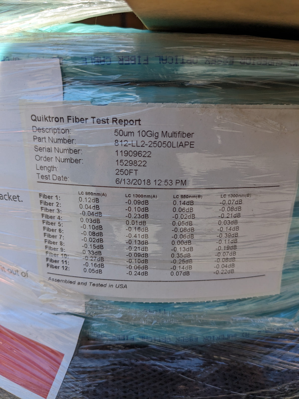 QUIKTRON (LEGRAND) 812-LL2-25050LIAPE 250FT 10GIG FIBER OPTIC CABLE NEW B2
