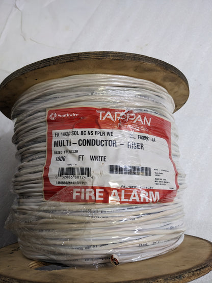 SOUTHWIRE TAPPAN F60001-4A FIRE ALARM CABLE 14 SOL CU 2/C N/S CMR/CL3R/FPLR PVC WHITE 1000FT NEW SR