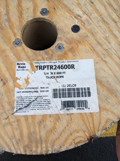 BEVIS ROPE TRPTR24600R 3/4" 600FT TRUCK ROPE NEW B2