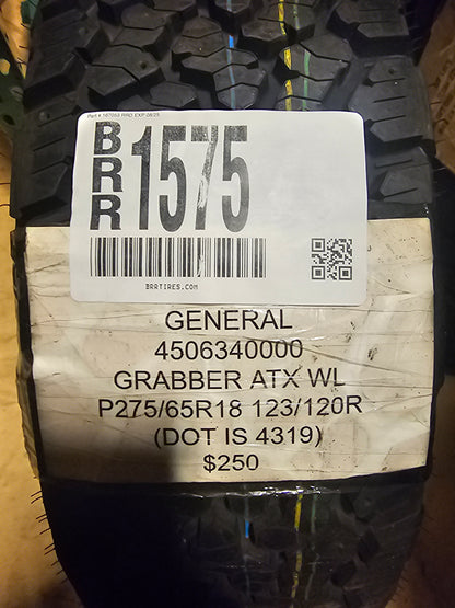 NOS GENERAL GRABBER ATX OWL  LT 275 65 18 123/120R LRE 10PLY  ALL TERRAIN TIRE 4506340000