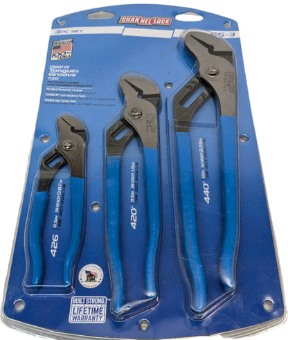 CHANNELLOCK GS-3 TONGUE AND GROOVE PLIER SET, 6 1/2", 9 1/2" AND 12", STRAIGHT JAW