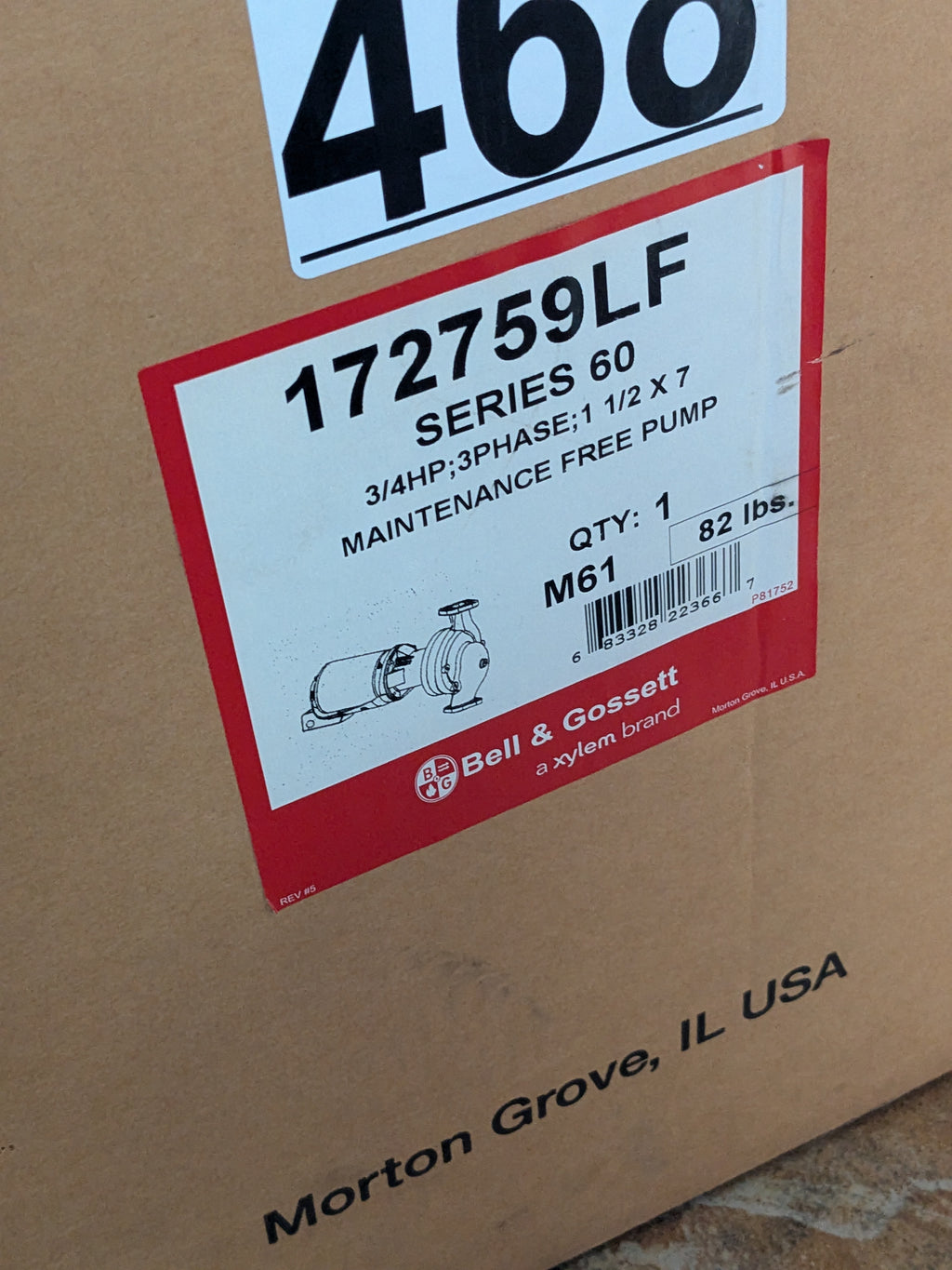 BELL & GOSSETT 622T SERIES 60 PUMP WITH 3/4 HP MOTOR 172759LF