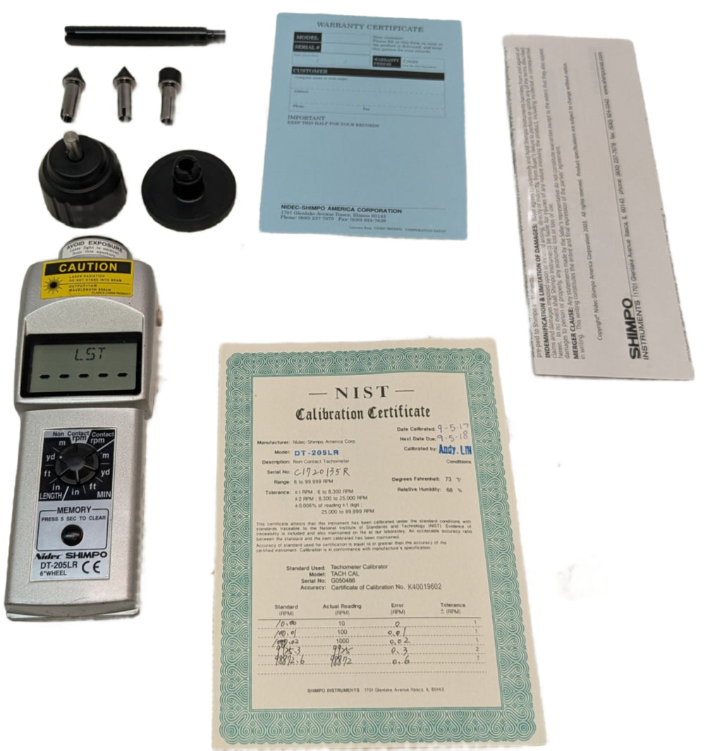 USED SHIMPO DT-205LR COMBINATION LED TACHOMETER, LASER SENSOR, CONTACT ADAPTER FOR USE