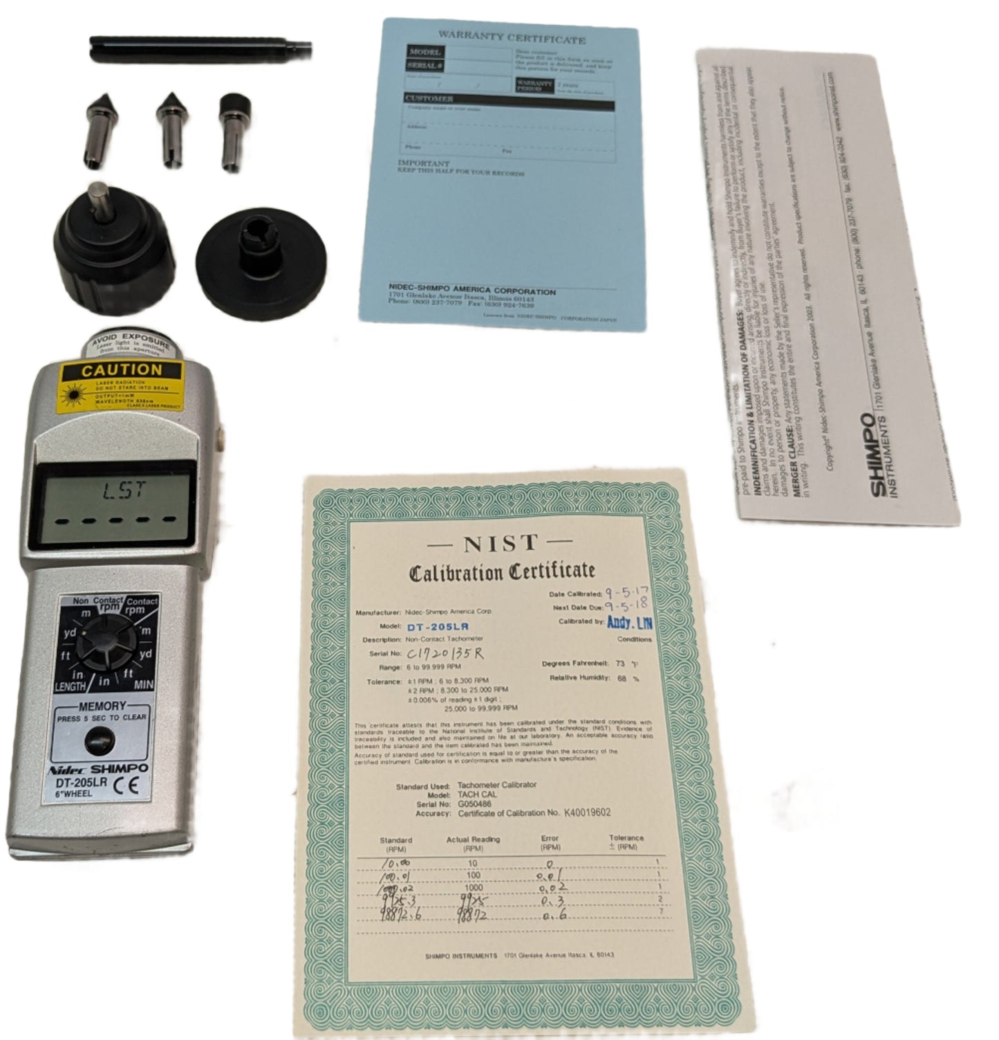 USED SHIMPO DT-205LR COMBINATION LED TACHOMETER, LASER SENSOR, CONTACT ADAPTER FOR USE