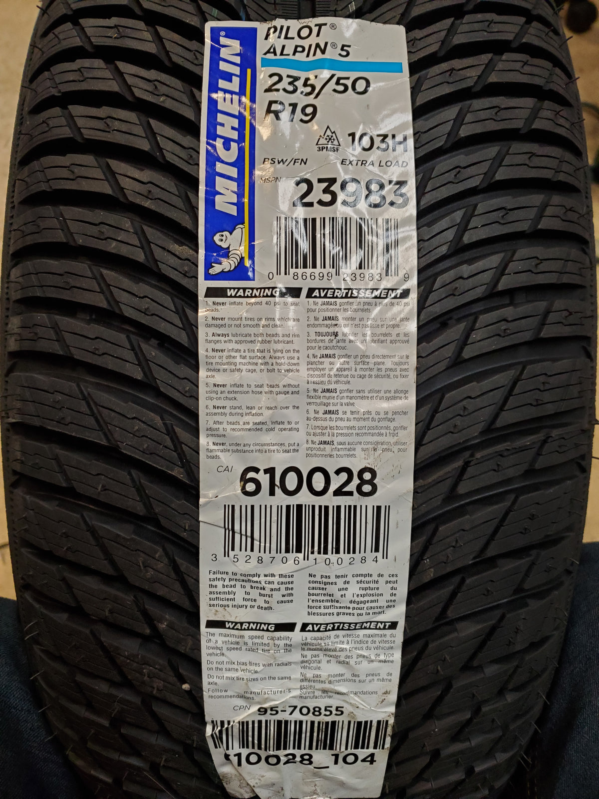 MICHELIN PILOT ALPIN 5 BSW P 235 50 19 103H XL WINTER TIRE 23983