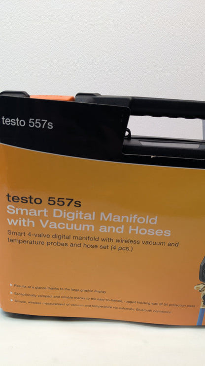TESTO 557S AC MANIFOLD GAUGE SET – AC RECHARGE KIT WITH 2X TESTO 115I PIPE CLAMP THERMOMETER, 1X TESTO 552I MICRON GAUGE, AND 4X HOSES
