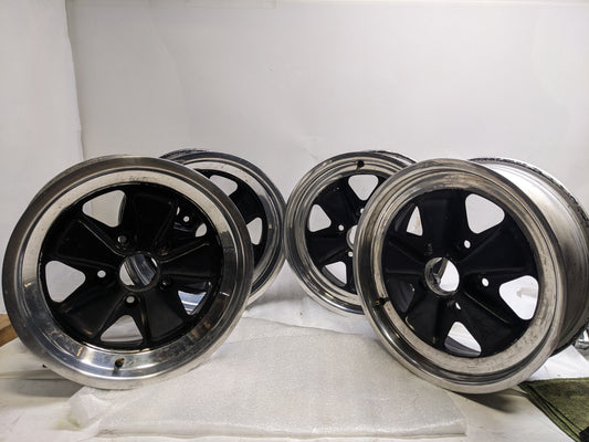 FUCHSFELGE 16X6 16X7 SET OF FOUR WHEELS FOR PORSCHE 991 BLACK SATIN CENTER W/ SILVER ANODIZED LIP USED B2