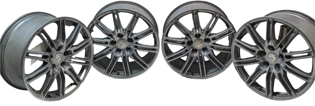 4 USED GENUINE PORSCHE CAYENNE 21X10 ET 60 5LUG SILVER WHEELS 7P5.601.025.H