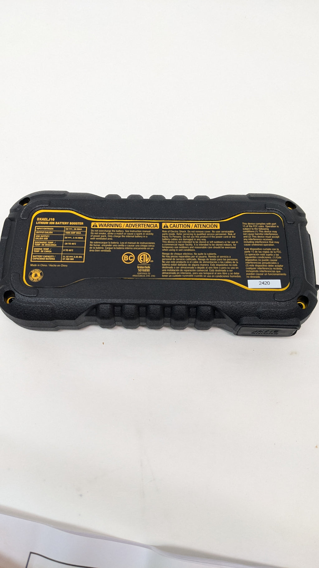 DEWALT DXAELJ16 1600 PEAK AMP JUMP STARTER BATTERY BOOSTER WITH USB POWER STATION