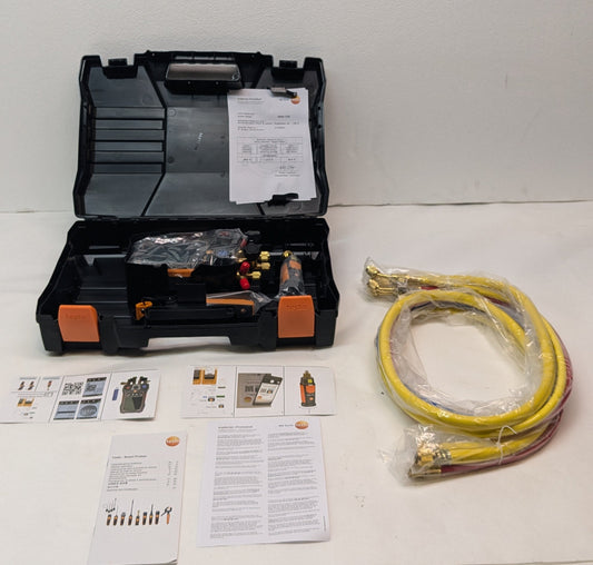 TESTO 557S AC MANIFOLD GAUGE SET – AC RECHARGE KIT WITH 2X TESTO 115I PIPE CLAMP THERMOMETER, 1X TESTO 552I MICRON GAUGE, AND 4X HOSES