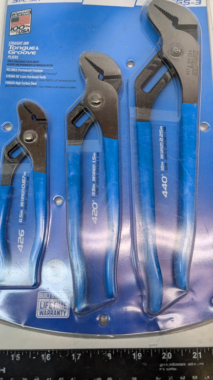 CHANNELLOCK GS-3 TONGUE AND GROOVE PLIER SET, 6 1/2", 9 1/2" AND 12", STRAIGHT JAW